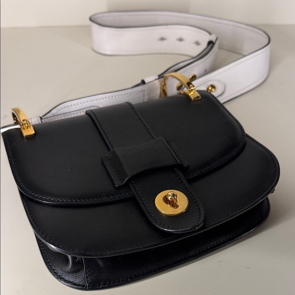 PRADA Black Pionniere Leather with White Leather Strap — Crossbody Bag